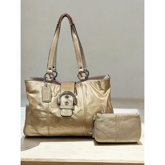 Coach F18751 Metallic Gold Soho Buckle Leather Carryall Bag & Soho Wristlet - Picture 15 of 15